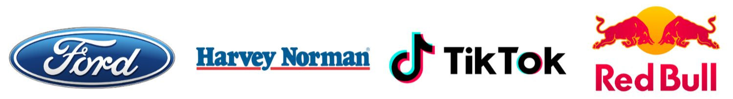 Logos of Ford, Harvey Norman, TikTok, and Red Bull